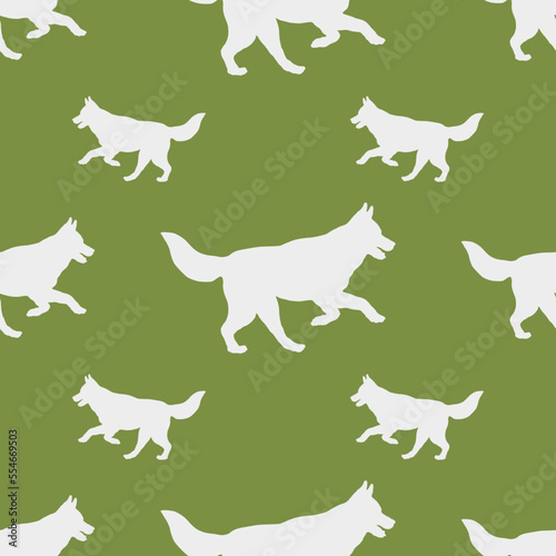 Running and jumping siberian husky puppy. Seamless pattern. Dog silhouette. Endless texture. Design for wallpaper, fabric, template, surface design.
