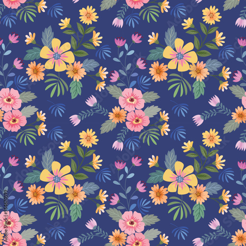 Cute colorful flowers on dark blue color seamless pattern. Can be used for fabric textile wallpaper.