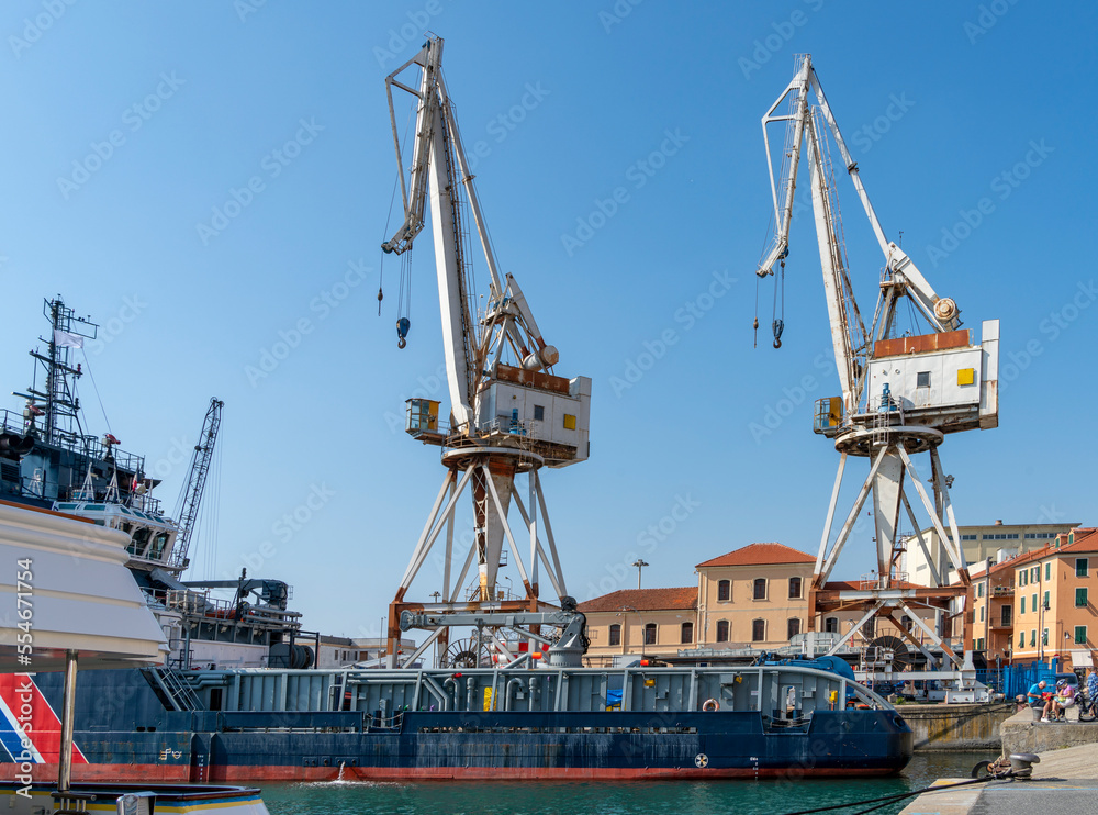 Work boat and dock cranes
