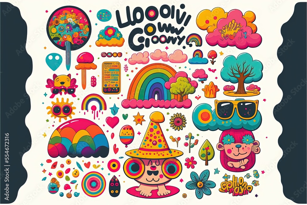 Big set of Retro 70s groovy elements, cute funky hippy stickers. Cartoon daisy flowers, mushrooms, peace sign, lips, rainbow, hippie collection. Positive generative ai isolated symbols .