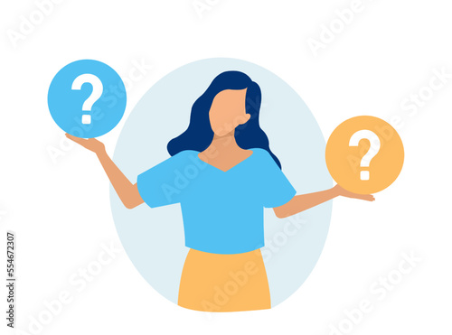 Vector of a puzzled woman in doubt thinking, analyzing two options.