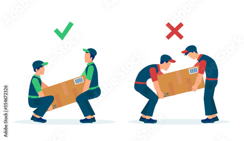 Vector of movers workers load heavy boxes safety with correct body ergonomic positions vs wrong posture