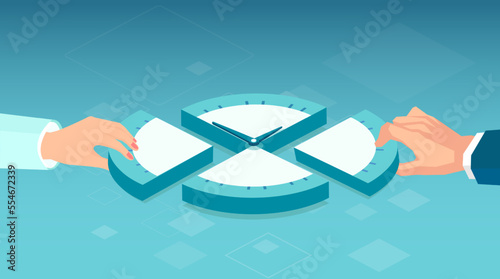 Vector of a businessman and woman hands taking a slice of a clock each. Time management concept