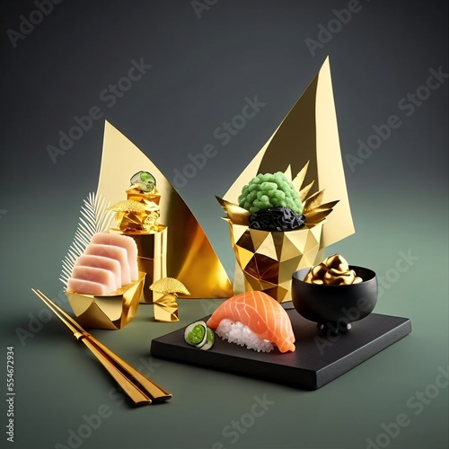 Luxurious set design with sushi, sashimi and Japanese food	
 photo