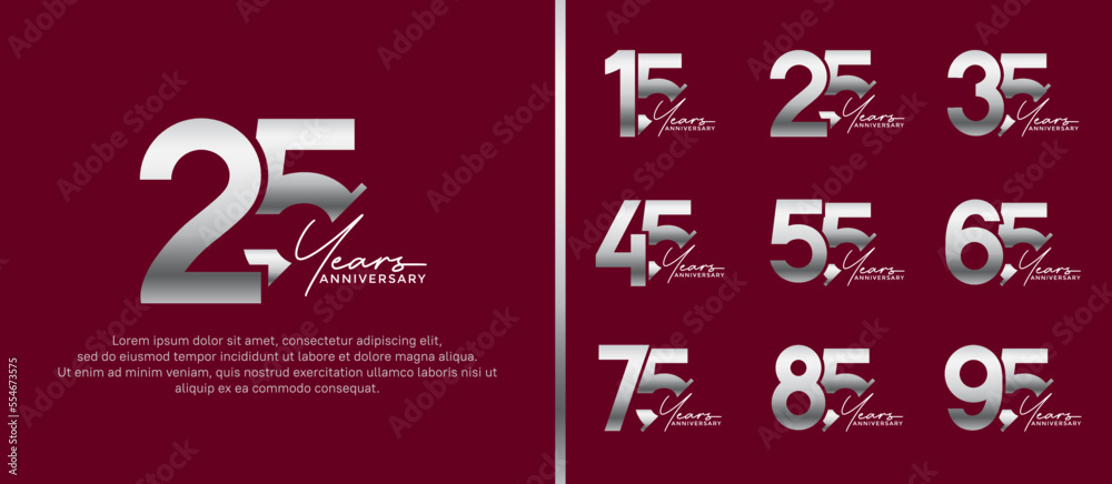 set of anniversary logo style silver and white color on red background for special moment