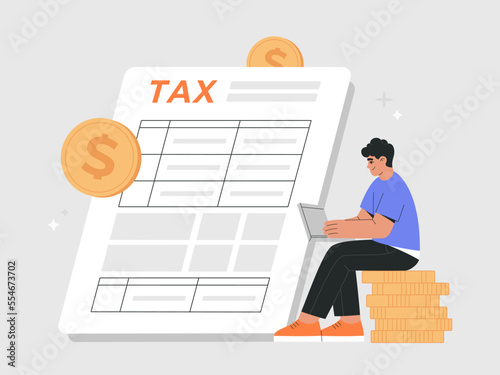 Businessman filling tax form using computer. Online tax submitting system. Electronic payment of Invoice, digital receipt. Hand drawn vector illustration isolated on background, flat cartoon style.