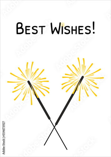 Greeting card with two sparklers vector illustration. Doodle Xmas bengal fire isolated on white background. Merry Christmas and Happy New Year