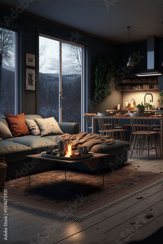 Scandinavian Interior Open Living Room with Kitchen, Winter Landscape, 3D Illustration, Generative, AI