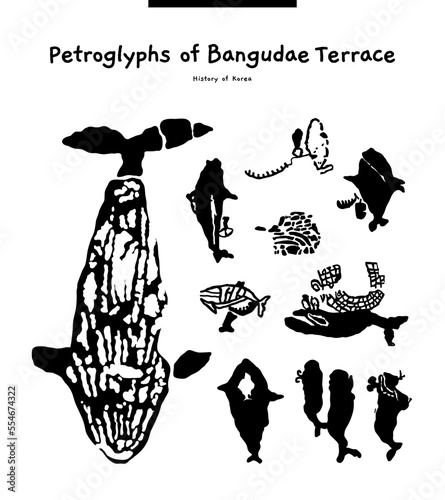 Bangudae Petroglyphs in Daegok-ri, Ulju. This is a petroglyph on a rock wall. The production period is estimated from the late Neolithic period to the early Bronze Age. photo