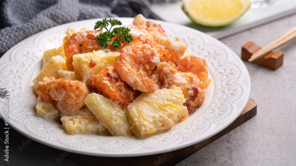 Delicious fried shrimp balls with pineapple and mayonnaise sauce. Delicious fried shrimp balls with pineapple and mayonnaise sauce.
