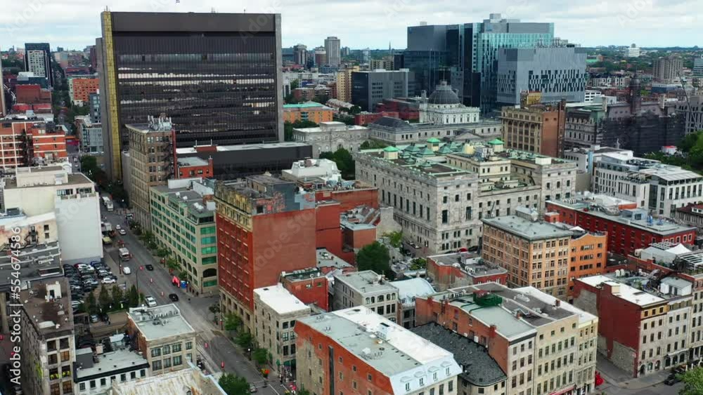 Aerial pan of the Montreal, Quebec, Canada city center 4K