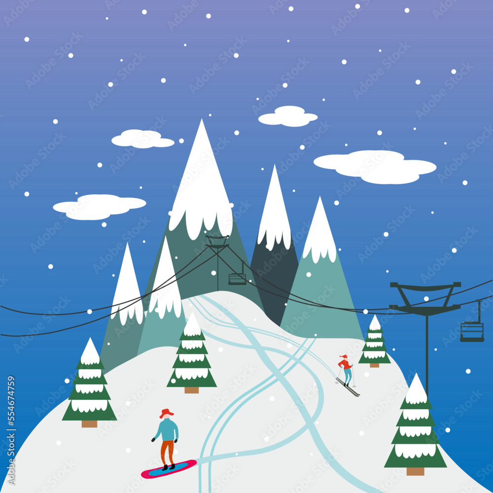 Ski resort banner illustration with ski lift and skiers. Sportsmans slide down the slopes. Skiing in the mountains. Vector illustration.
