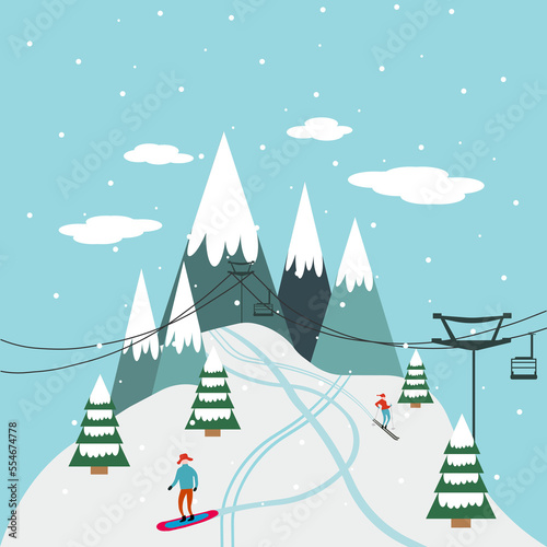 Ski resort banner illustration with ski lift and skiers. Sportsmans slide down the slopes. Skiing in the mountains. Vector illustration.
