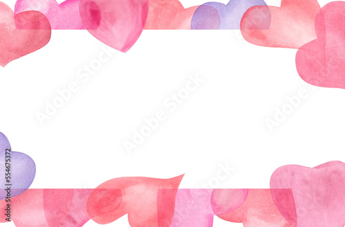 Horizontal frame with watercolor pink, blue hearts isolated on white background. Illustration for greeting card design, invitation template, Valentine day, birthday, wedding, mother day cards