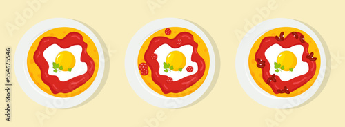 Mexican cuisine traditional breakfast huevos rancheros with different fillings set. 