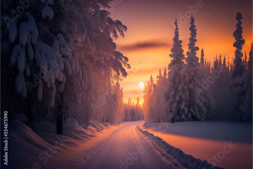 Winter environment with roads, trees, and snowfall. Snow on a road with sunset in the morning. Winter snowy morning with a house. © Concept Killer