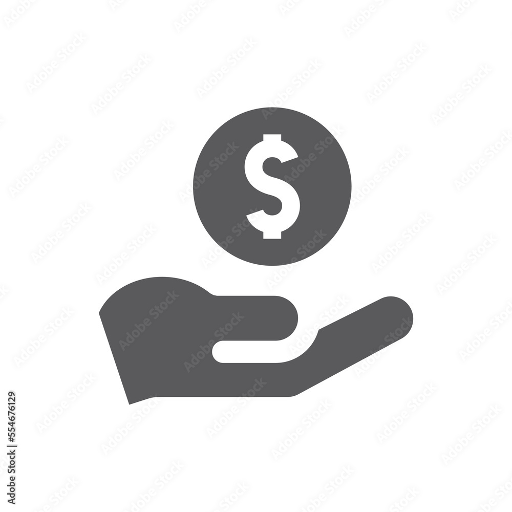 Hand and dollar coin vector icon. Payment, cash filled symbol.