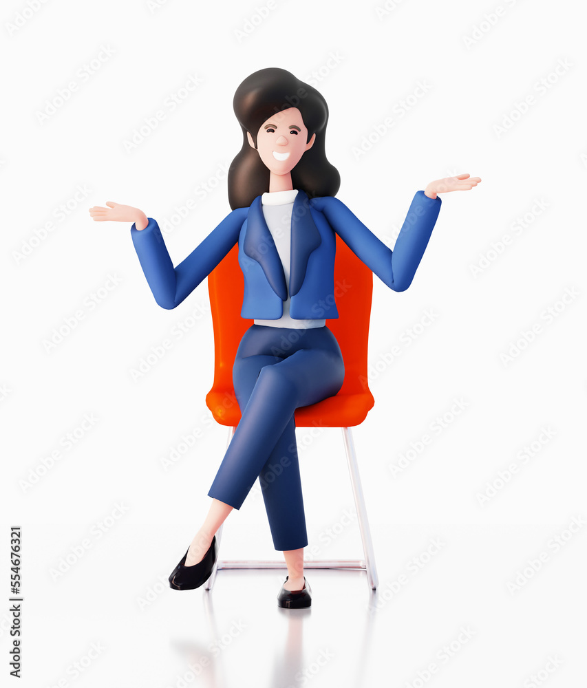 Happy business woman showing the product. 3D rendering illustration 