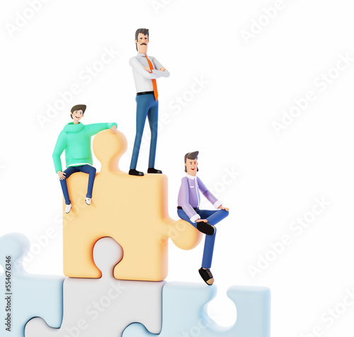 Business people, team sitting at big puzzle piece. Happy office workers, 3D rendering illustration