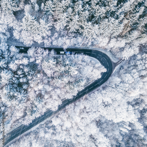 looking down on hairpin bend in the winter forest