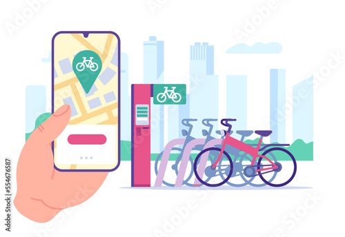 Bike rental service. Transport rent station. Mobile application. Urban transportation. Smartphone in hand. Bike parking. City navigation app. Map location. Cycle sharing. Vector concept