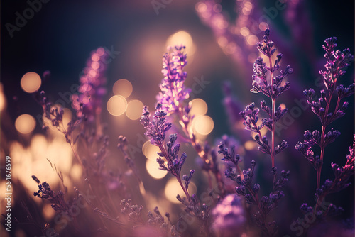 Purple lavender flowers with Light leaks and blurred nature background with copy space. lavender in the spring morning