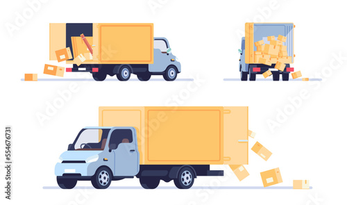 Boxes fall from truck. Lorry cardboard parcels loss. Freight insurance. Cargo automobile shipping. Delivery logistic. Danger car transportation. Vehicle view angle. Vector auto set