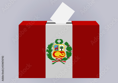 Elecciones en Perú. Urna con la bandera y escudo de Perú y una papeleta introduciéndose en la urna