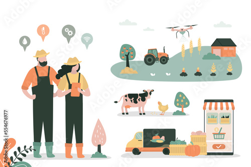 Modern agriculture technology for good crop. Smart farming concept. Couple of farmers controlling remotely all stages - from harvesting to selling fresh products at online store and delivery.