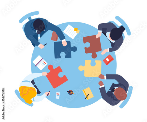 Business team brainstorming. People join puzzles. Office workers sitting at table. Desk top view. Employees cooperation. Businessmen negotiation. Teamwork discussion. Vector concept