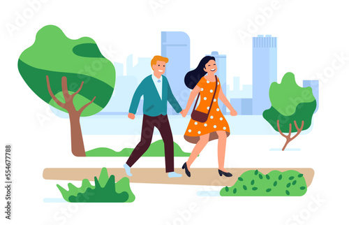 Couple in love walking together. Girlfriend and boyfriend date in city park. Romantic meeting. Happy man and woman holding hands. Lovers stroll in nature. Outdoor leisure. Vector concept