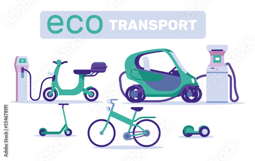 Eco transport. City transportation. Electric car and scooter. Battery charging. Gyroboard and bicycle. Alternative energy. Ecology friendly automobile. Vector ecological vehicles set