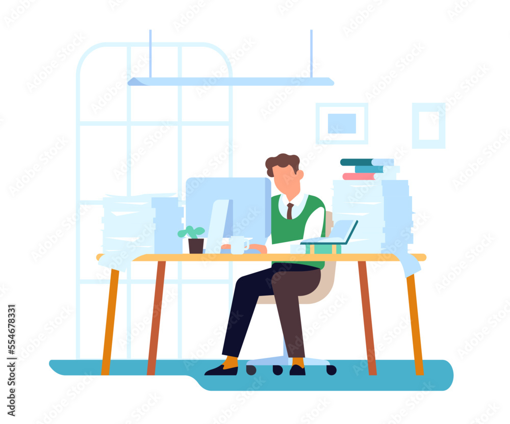 Employee sits at desk covered with papers piles. Man works at table with computer. Document pages stacks. Professional occupation. Overworked clerk workplace. Vector paperwork concept Employee sits at desk covered with papers piles. Man works at table with computer. Document pages stacks. Professional occupation. Overworked clerk workplace. Vector paperwork concept