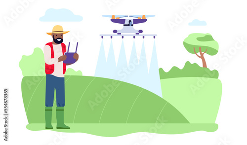 Farmer uses drone to irrigate field. Agriculture innovation technologies. Management watering. Harvest growing digital smart control. Flying robot. Man with joystick. Vector concept