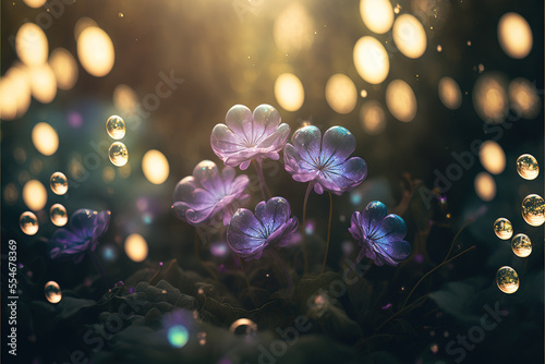 Purple Flowers in the spring morning with light leaks with dreamy bokeh background. Balloon Flowers. Nature concept, Copy space © Ron