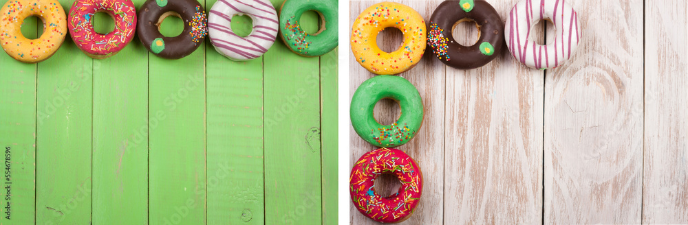glazed donuts on a green wooden background with copy space for your text. Top view
