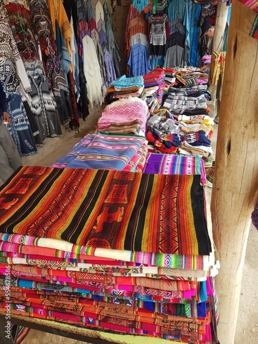 Bolivian colorful fabric market 