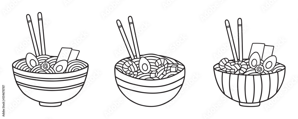 Ramen doodle set. Asian traditional food in sketch style. Japanese cuisine. Hand drawn vector illustration isolated on white background Ramen doodle set. Asian traditional food in sketch style. Japanese cuisine. Hand drawn vector illustration isolated on white background