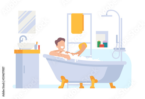 Man in bathroom relaxing in hot water foam. Guy washing in bathtub with washcloth. Person taking bath in washroom. Toiletries or towel. Home interior. Body hygiene routine. Vector concept