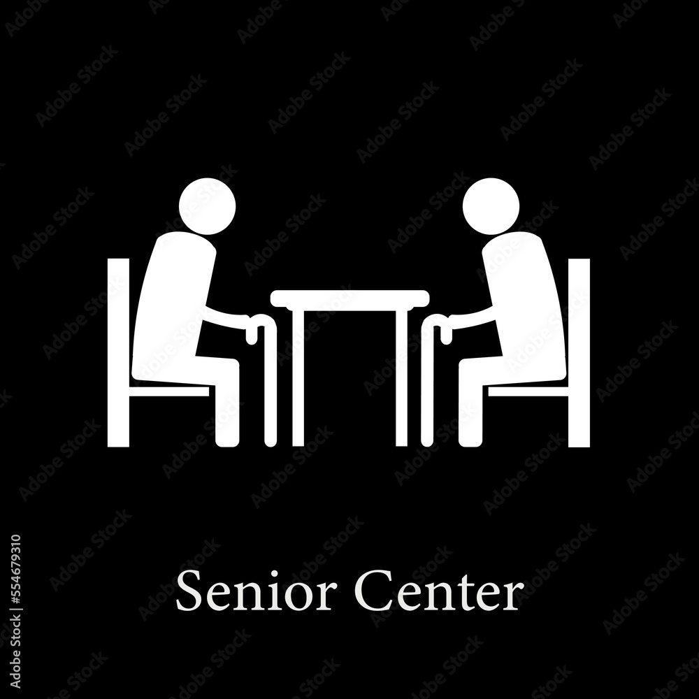 Icon on black background of elderly people with cane in a senior center. Icon on black background of elderly people with cane in a senior center.