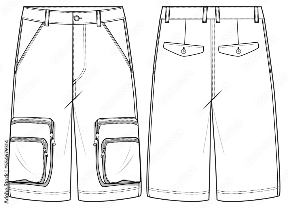 Vetor de Men's Cargo shorts front and back view flat sketch fashion