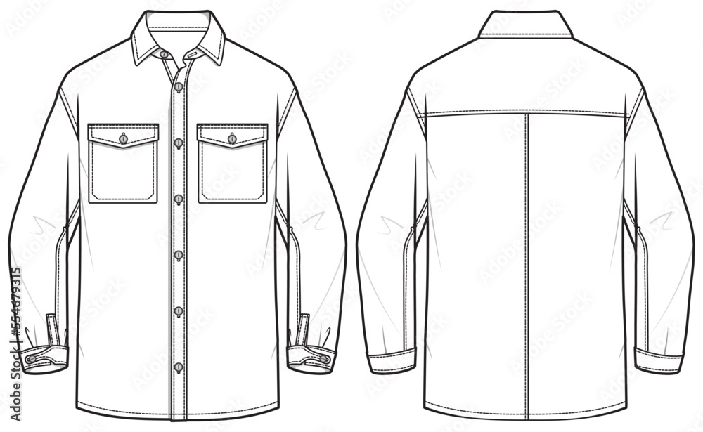 Men's Western shirt flat sketch illustration front and back view ...