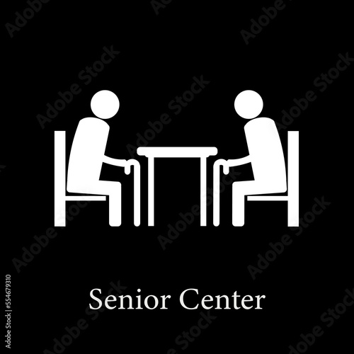 Icon on black background of elderly people with cane in a senior center.