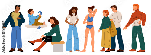 People dress up. Funny guys or girls put on clothes. Persons try on trousers. Fashionable jackets and sweaters. Fitting room. Casual clothing wear. Help to dressing coat. Garish vector set