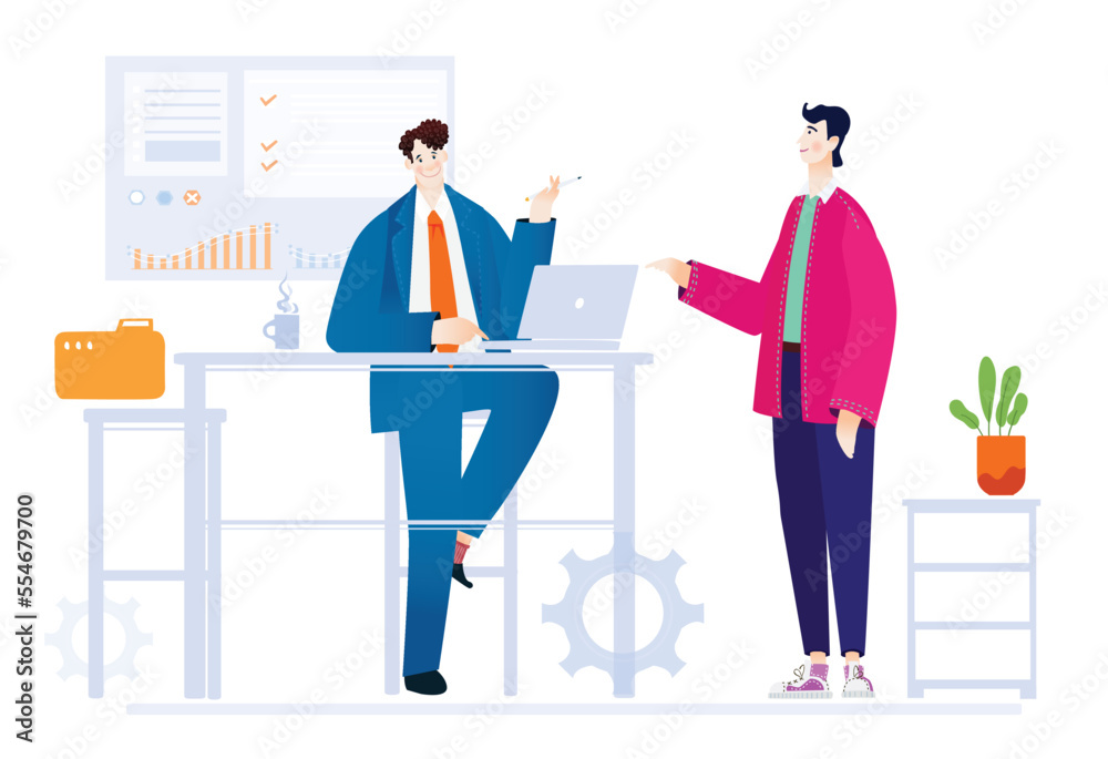Businessman is working with laptops in office, business concept illustration 