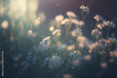 White Flowers in a lush meadow in spring, bokeh background, light leaks. Nature background with Copy space. Baby's Breath flower