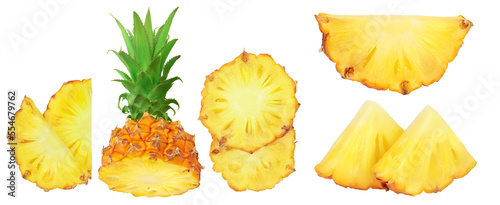 pineapple half with slice isolated on white background with full depth of field. Top view. Flat lay