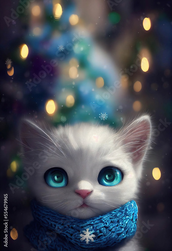 Portrait of a cute white kitten with big blue eyes in a blue scarf, Christmas lights background, AI generated image © Eva
