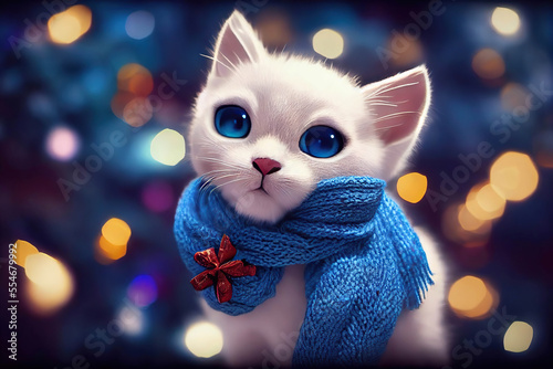 White blue eyed kitten in a blue scarf in the Christmas lights background, AI generated image