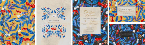 Wedding invitations. Vector illustrations of ornament, plant, floral pattern, leaves, berries, cotton for greeting card, flyer or frame